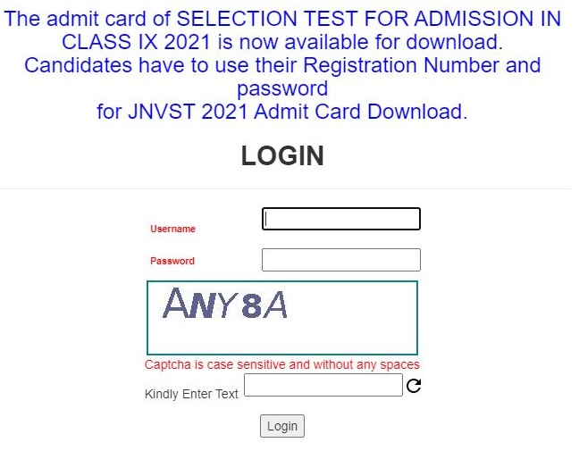 Navodaya Class IX 9 Admit Card