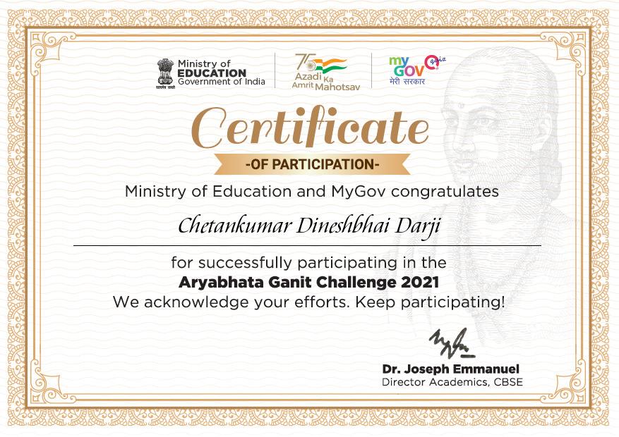 Aryabhata challenge quiz Certificate 2021