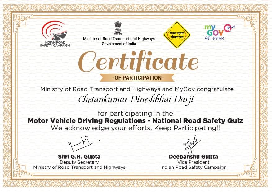 Road Safety Quiz - Motor Vehicles Regulation Act Certificate