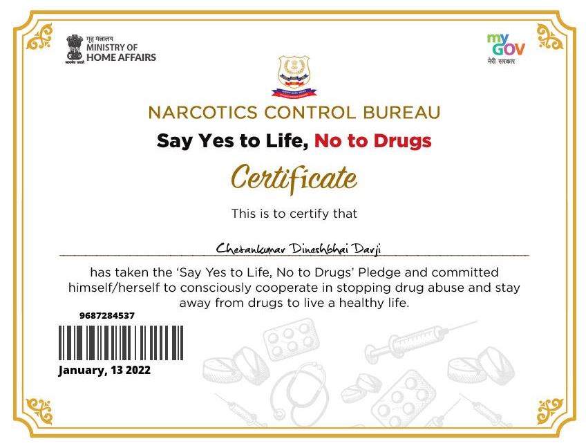 Download the Certificate of E-Pledge against Drugs - Say Yes to Life, No to Drugs 2022