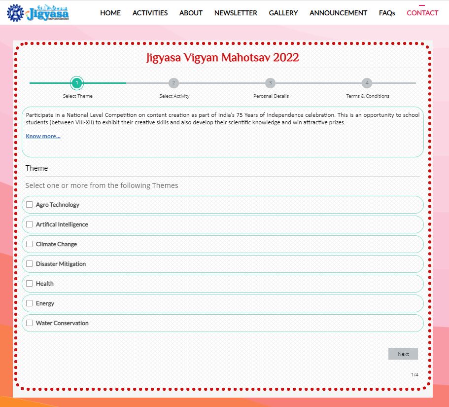 Registration page of the Jigyasa Vigyan Mahotsav 2022