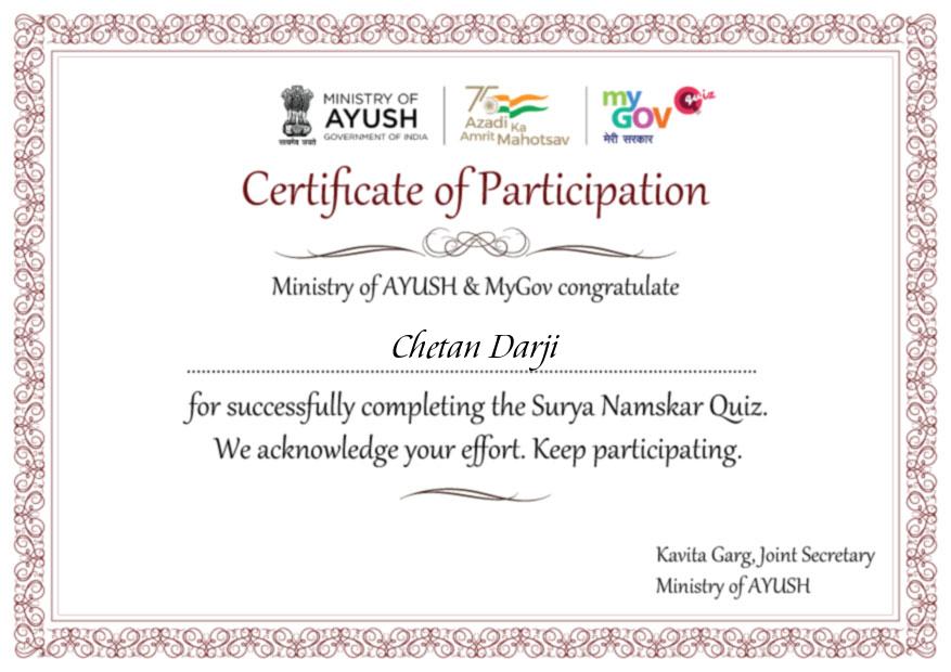 certificate of Surya Namaskar quiz 2022