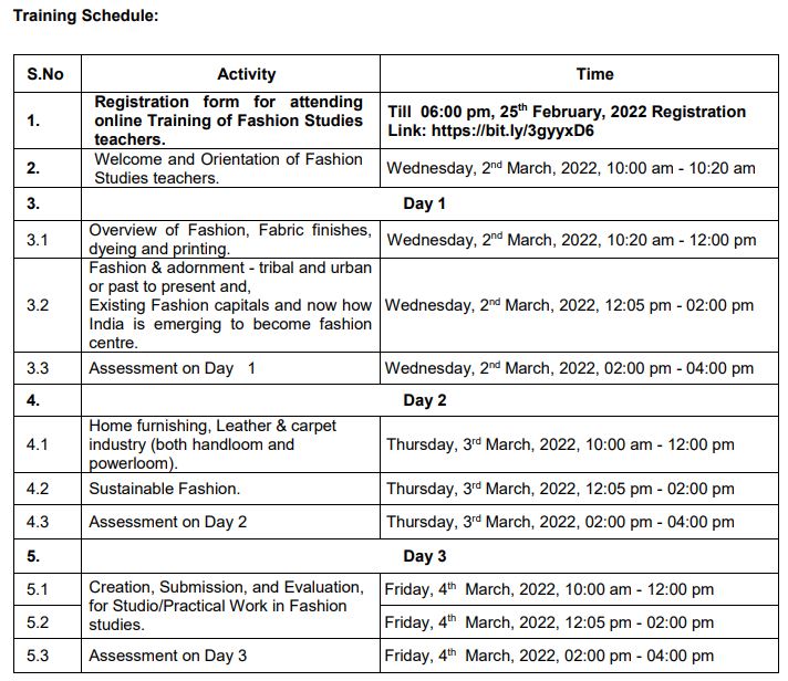 Time schedule of fashion training 2022 CBSE