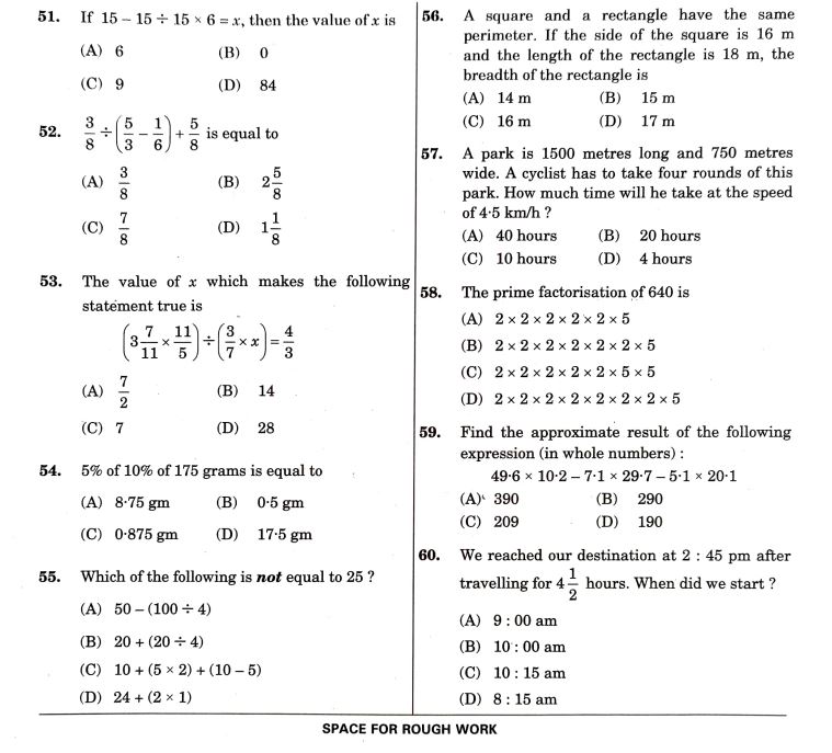 Question 51 to 60 Arithmetic Test 2022