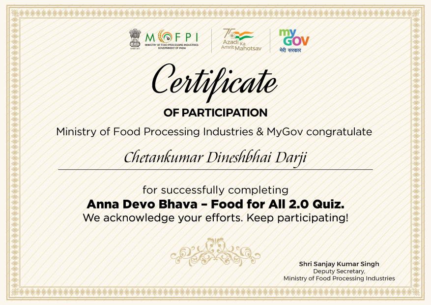 certificate of Anna Devo Bhava–Food for All 2.0 Quiz