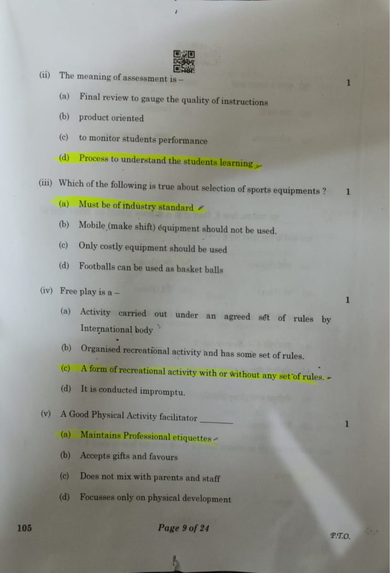 CBSE Class 10 Physical Activity Trainer Paper Solution Answer Key 2023 ...