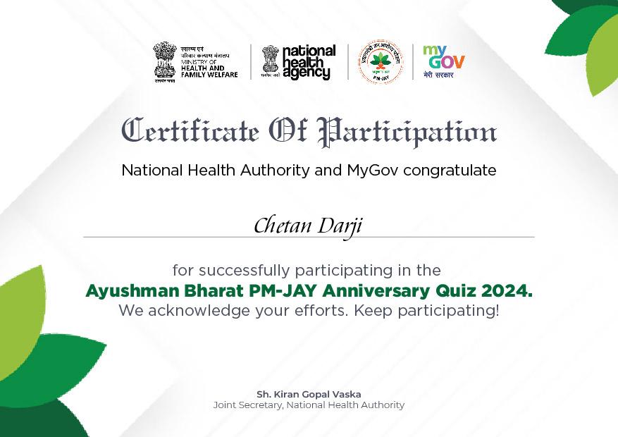 Download Certificate of Ayushman Bharat PM-JAY Anniversary Quiz 2024